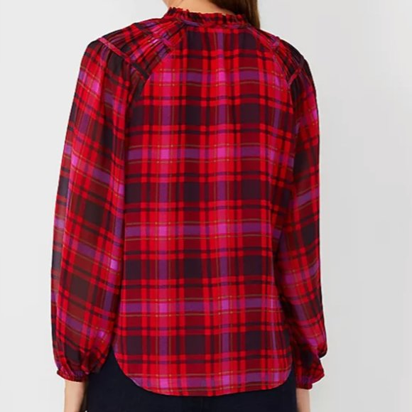 Ann Taylor Plaid Shirred Raglan Sleeve Top Size Small, Lined, Lightweight, EUC - Picture 5 of 10